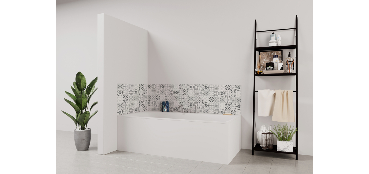 Panneau de bain : Carreaux ciment et arabesques noires
