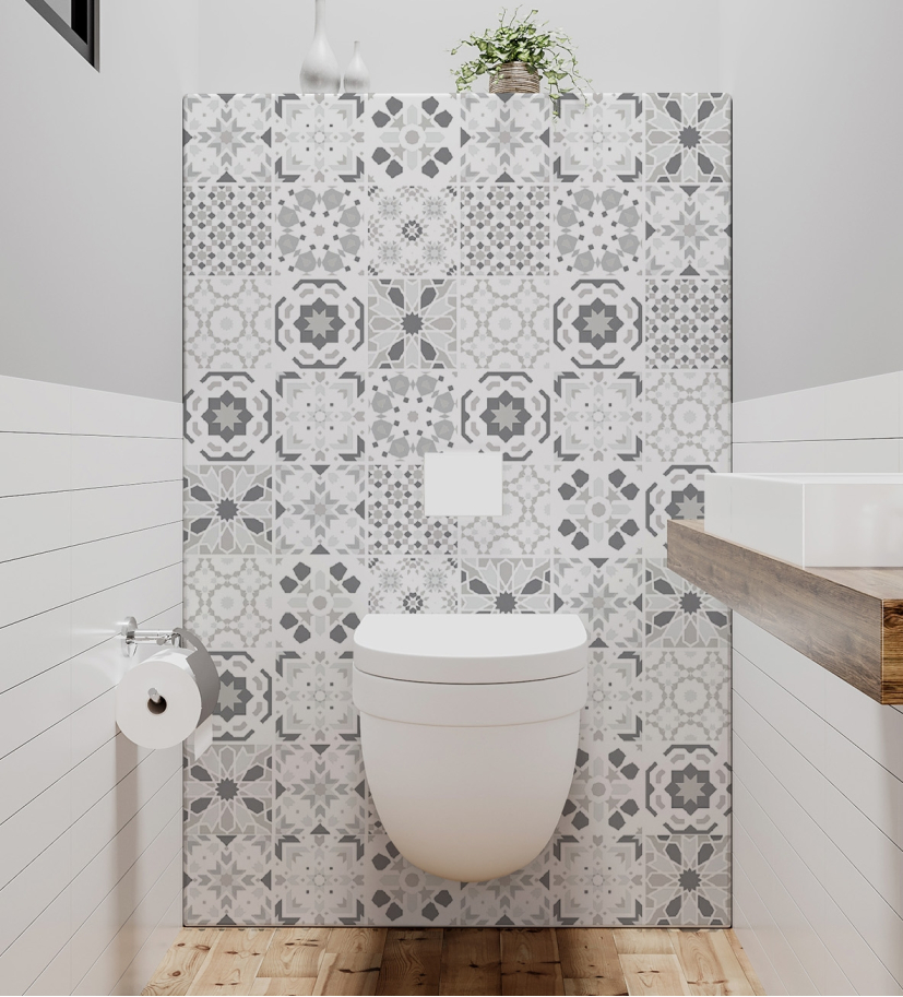 Panneau de WC : Carreaux ciment et arabesques noires