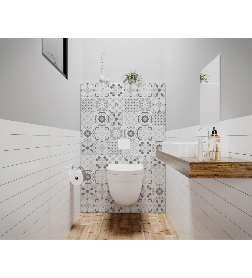 Panneau de WC : Carreaux ciment et arabesques noires