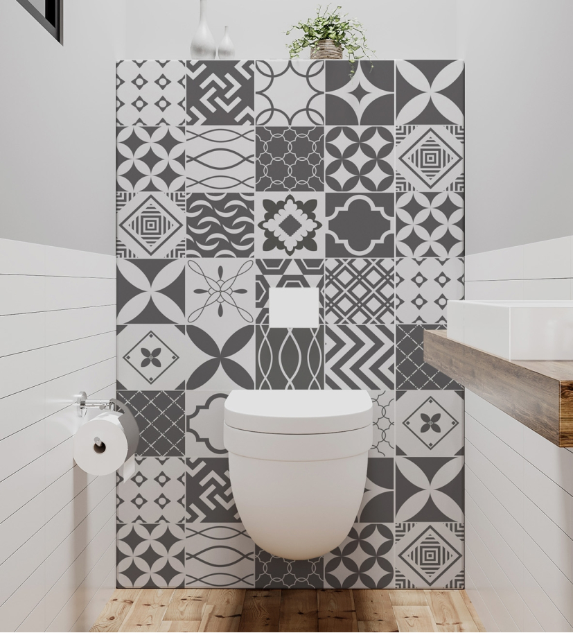 Panneau de WC : Carreaux ciment gris foncé et blanc