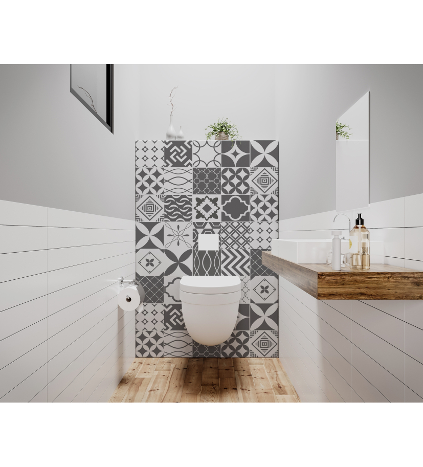 Panneau de WC : Carreaux ciment gris foncé et blanc