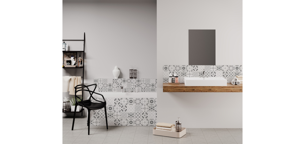 Panneau de bain : Carreaux ciment et arabesques noires