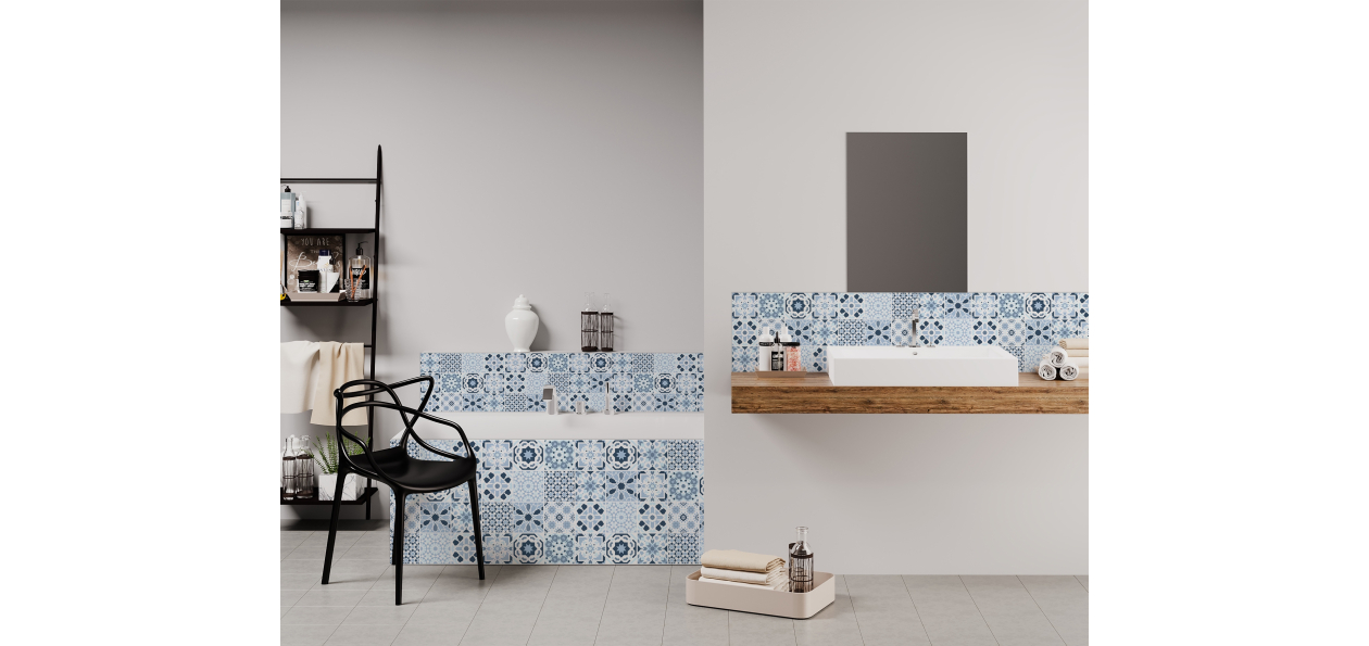 Panneau de bain : Carreaux ciments et arabesques bleues