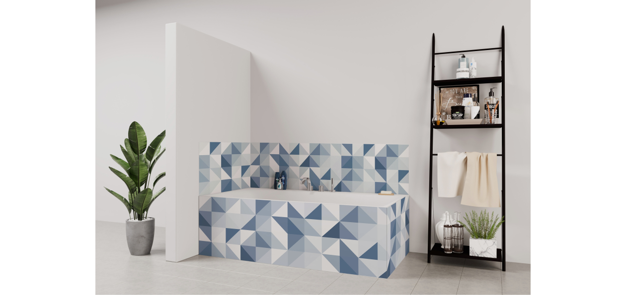 Tablier de bain : Jeux et triangles bleus