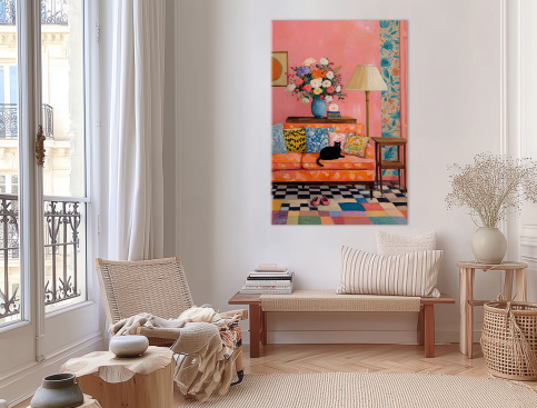 Tableau : Chat noir, fleurs...