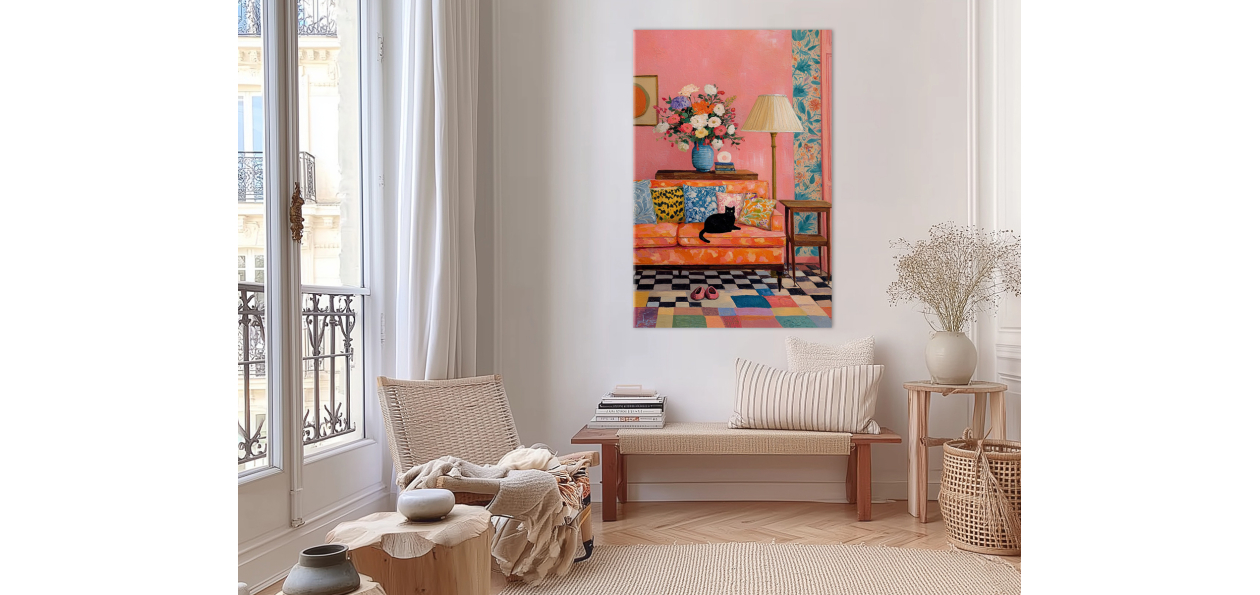 Tableau : Chat noir, fleurs...