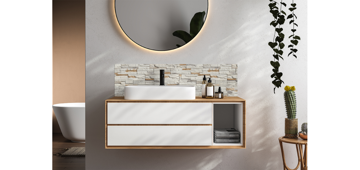 Crédence salle de bain : Mur pierre douce