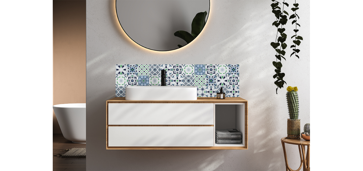 Crédence salle de bain carreaux ciments et arabesque