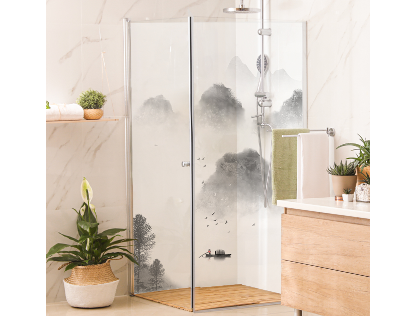 Panneau de douche : Estampe japonaise et montagne 2