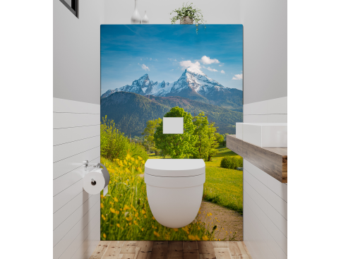 Panneau de WC : Fleurs printanières et montagnes