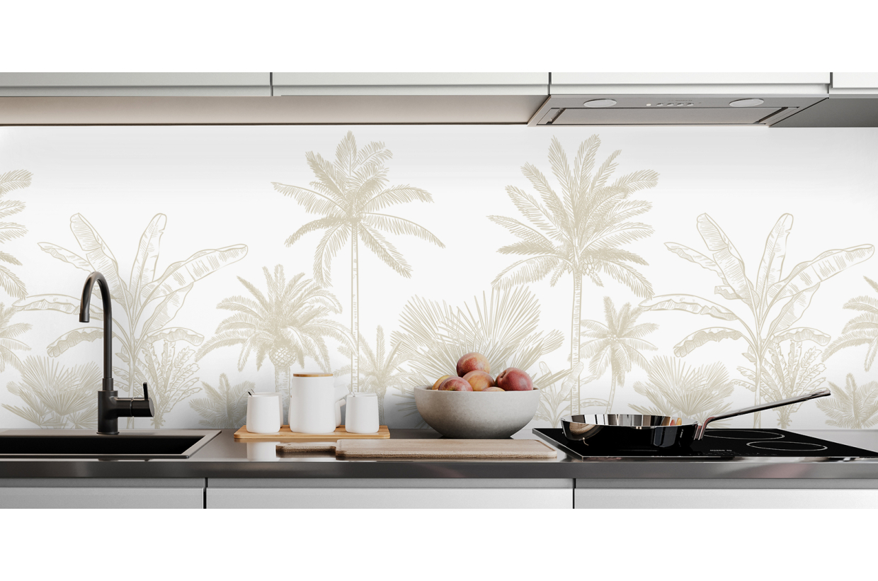 Crédence Cuisine En Verre Imprimée 100x50 Cm - Motif Paysage Palmiers Plage (style Moderne, Tons Vert/brun)