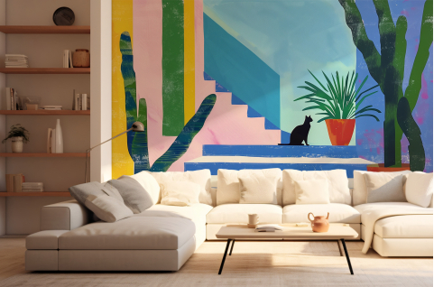 Papier peint : Chat, cactus...