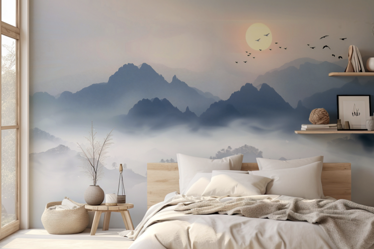 Papier peint : Montagne, soleil et oiseaux